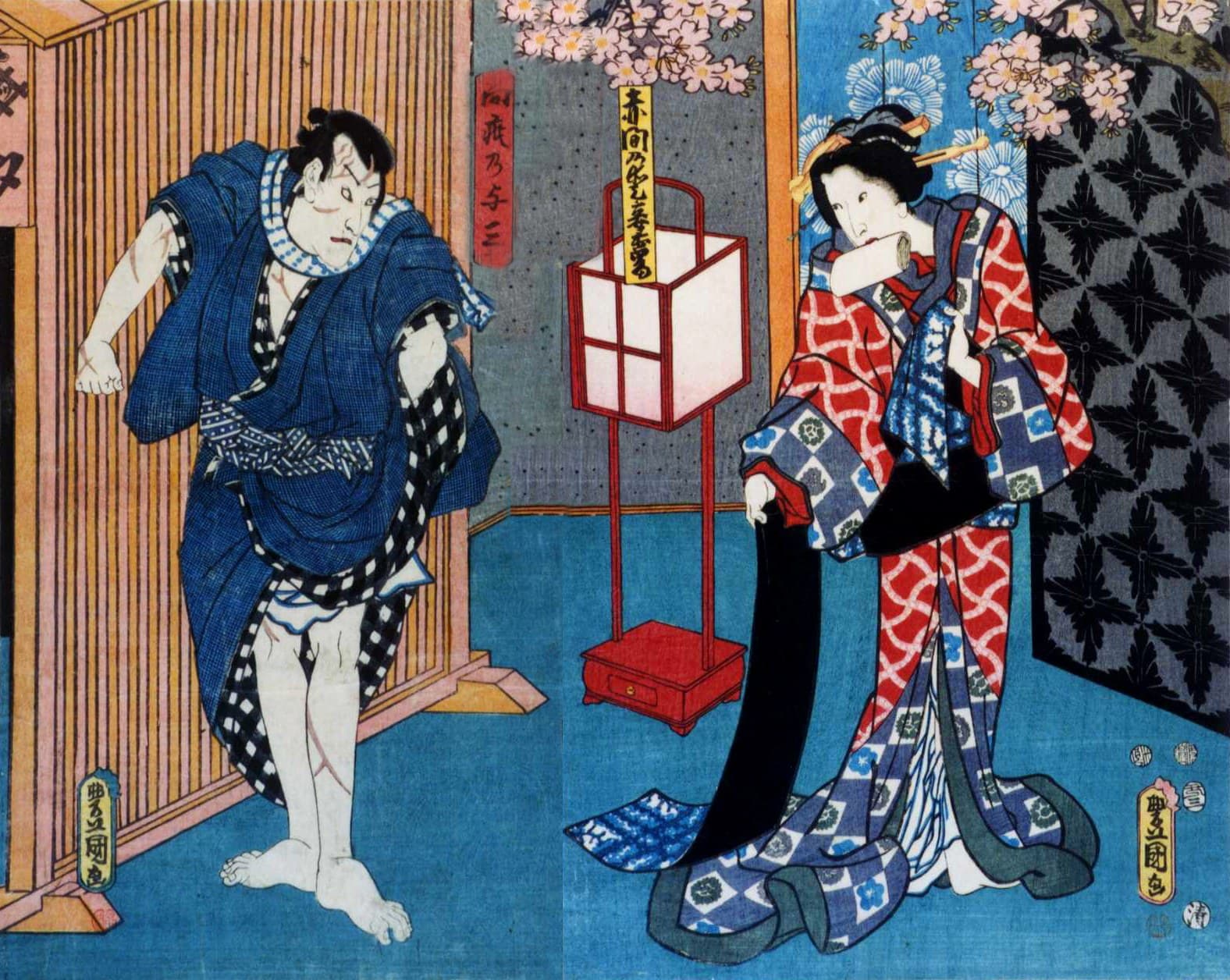 『与話情浮名横櫛』の与三郎とお富。市井の男女の姿で向かい合う、江戸の世話物を代表する一場面