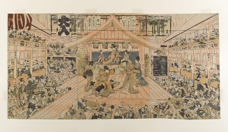 河原崎座の内部を描いた芝居絵。舞台の左右に二階建ての桟敷席が連なり、詰めかけた見物客で埋め尽くされている