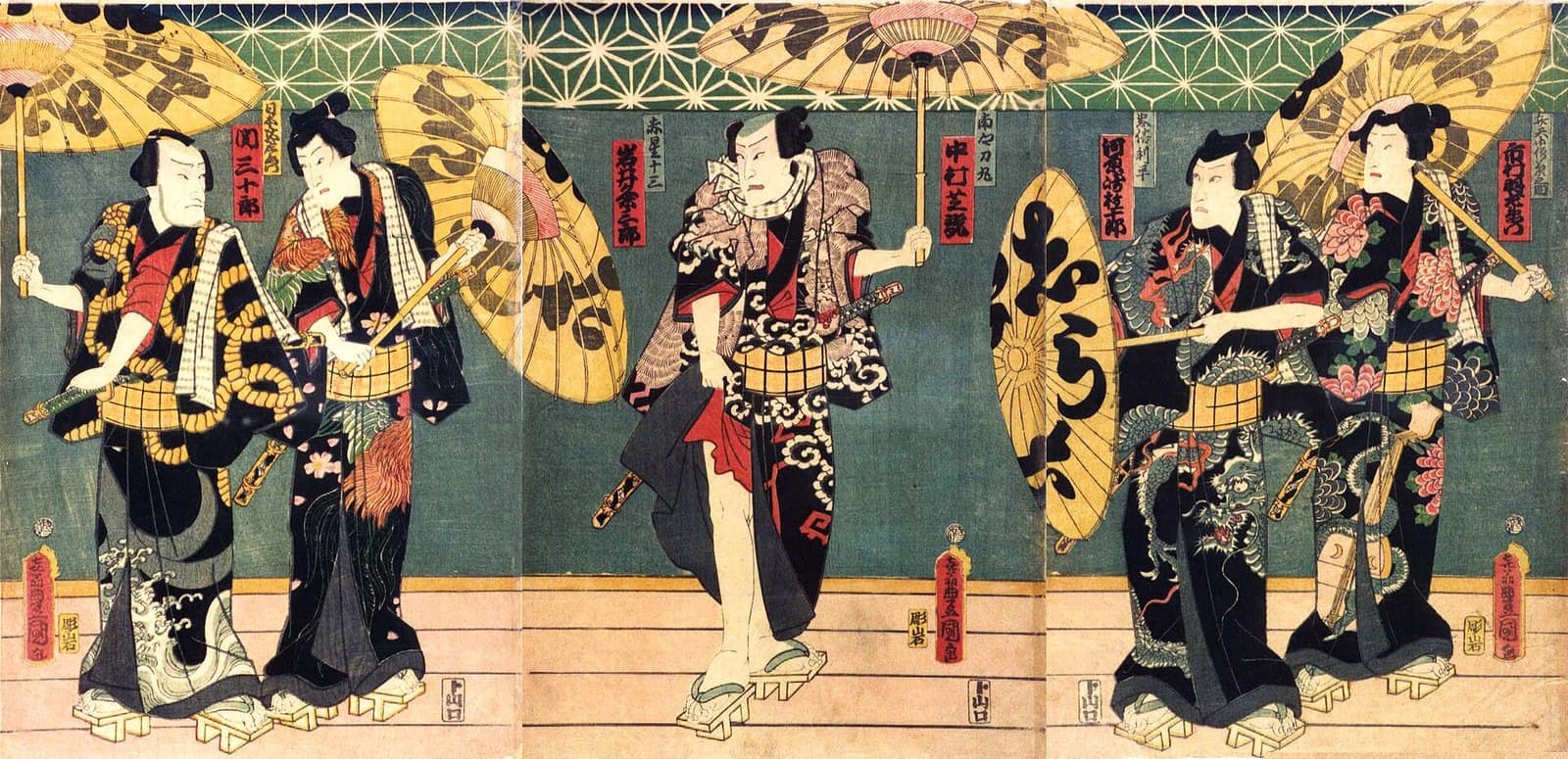 『青砥稿花紅彩画』稲瀬川勢揃いの場。揃いの衣裳に番傘を差した白浪五人男が横一列に並び立つ三枚続
